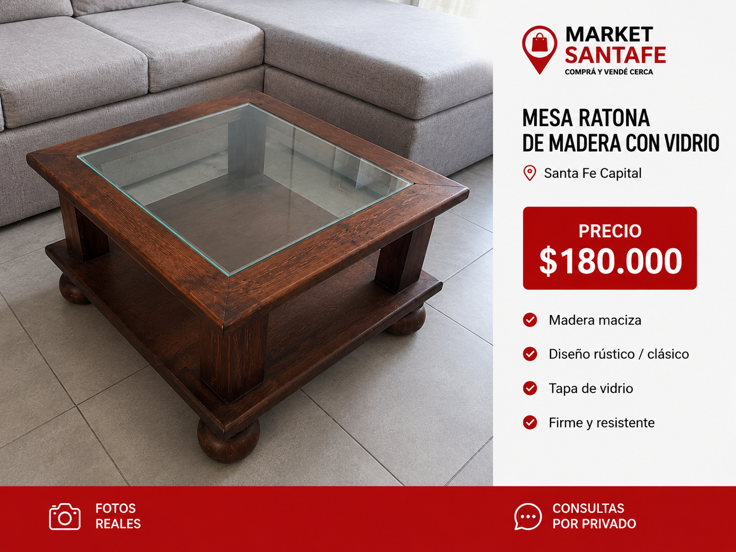 Mesa ratona de madera con vidrio