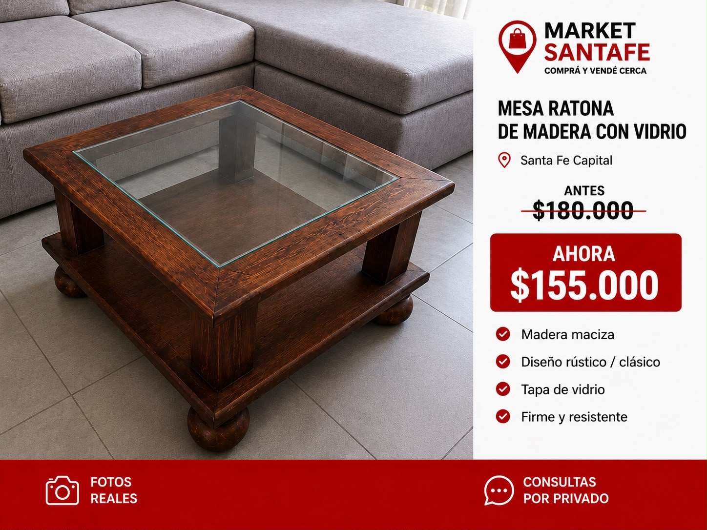 Mesa ratona de madera con vidrio